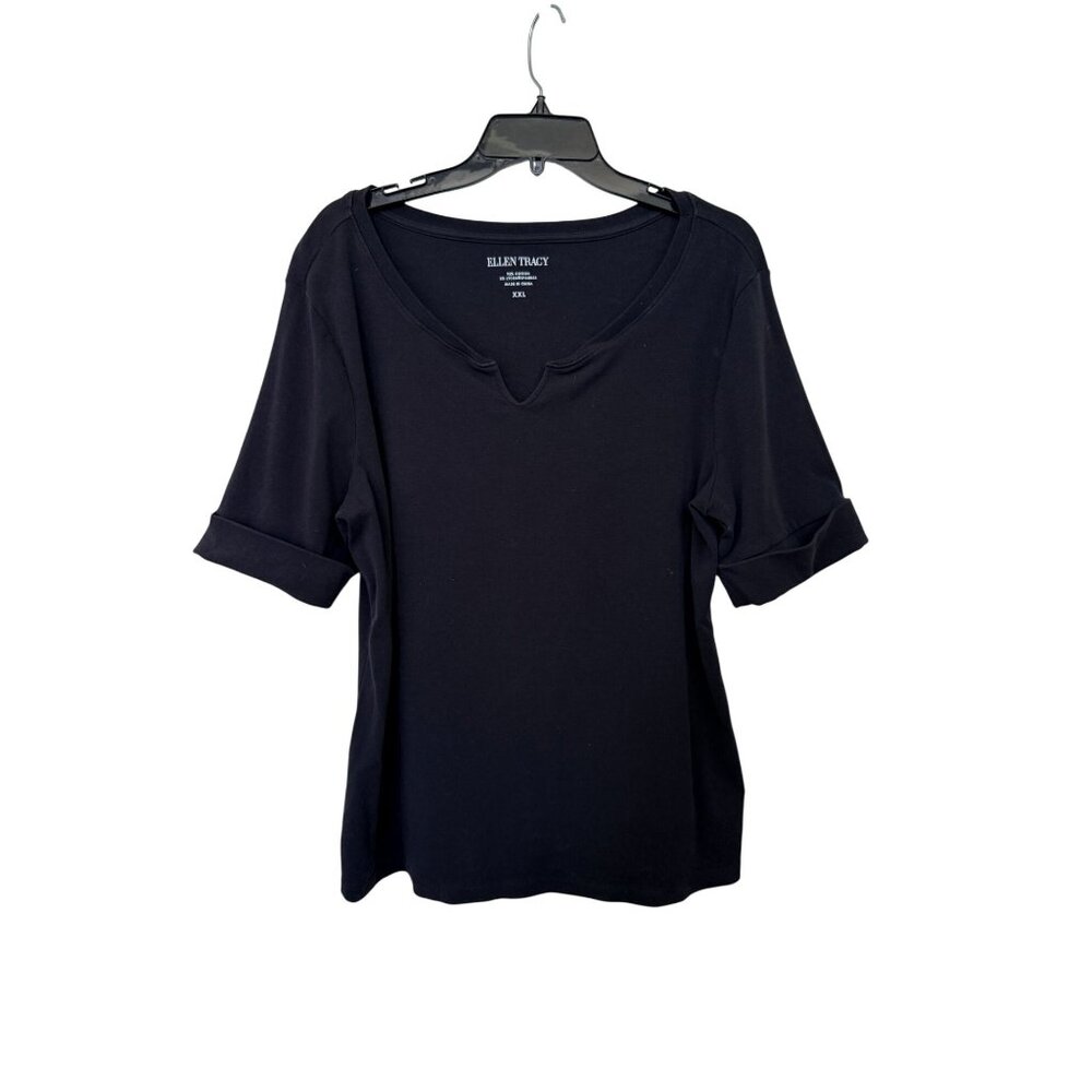 Ellen Tracy Black Short Sleeve Knit Top XXL Stretch Notch Neck Casual Vacation